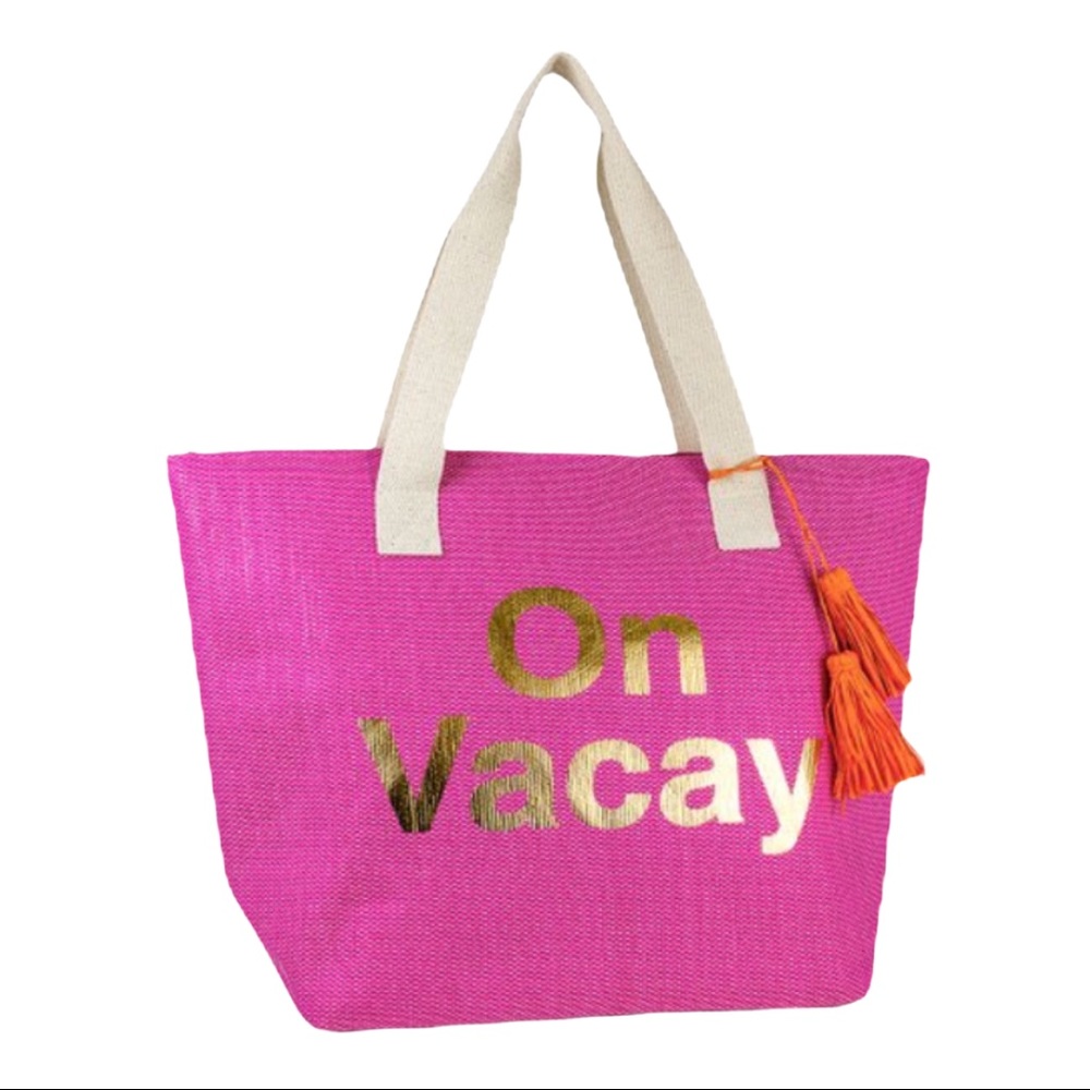MAGID “On Vacay” Large Pink Woven Insulated Tasseled Beach Tote Bag EUC